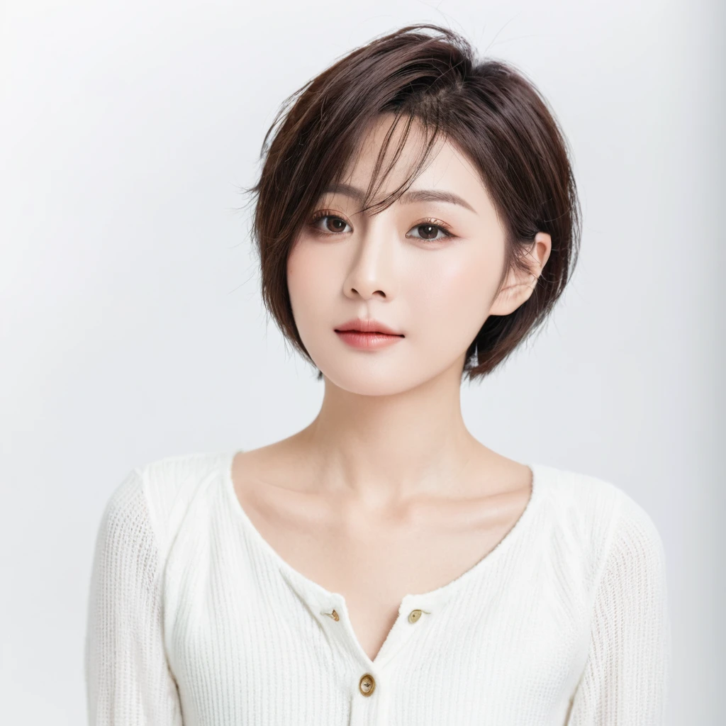 beautiful Japanese woman with short hair , white background