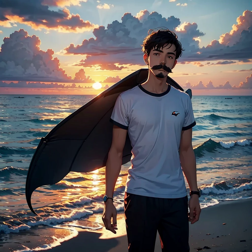 young man with mustache sunset sea shark