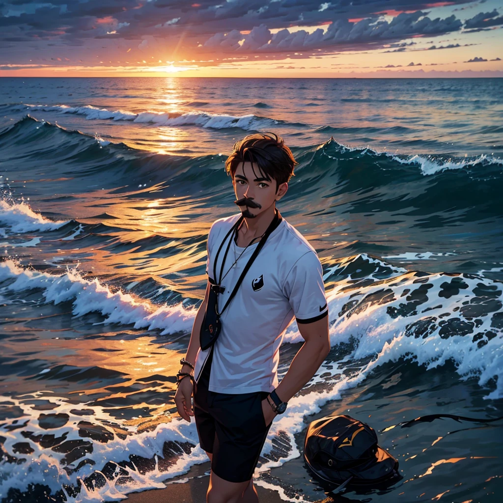 young man with mustache sunset sea shark