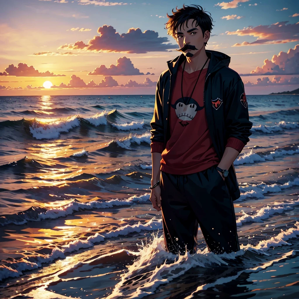 young man with mustache sunset sea shark