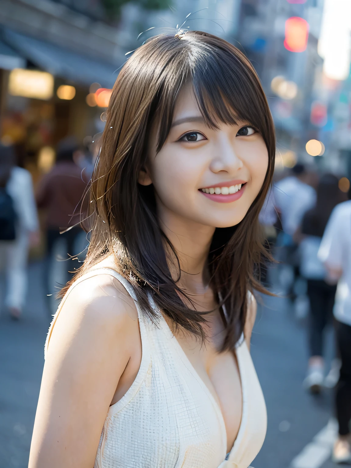 1 girl、in Tokyo street、Cityscape、Upper body、Close-up、Laughter、、(8k、RAW Photos、Highest quality、masterpiece:1.2)、(Realisticな、Photorealistic:1.37)、Highly detailed eyelash drawing、(((Best image quality))),Great tit、Fine skin, (Beautiful Hair), (perfection Anatomy), (Realistic), (Dynamic Angle), Seductive pose,perfection,Sensual look、Highest quality、High resolution、Smile、Chest、valley、
