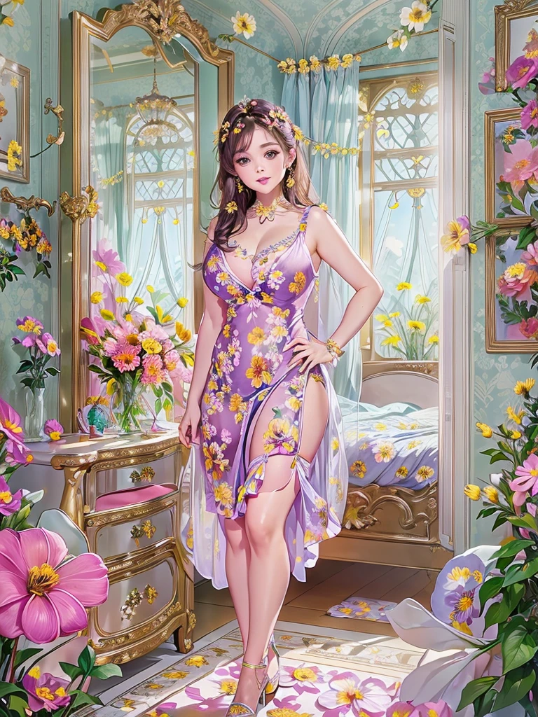 A beautiful and hot almost chubby mature woman.who is wearing a patterned short dress and is and standing in bedroom. A smiling face、Sexy woman、A radiant smile、adorable、race、Frills、Colorful design、Full-length mirror、An inviting gaze、Gorgeous long and beautiful hairstyle、variation Hairstyle、Open neck blouse、Flower Garden、(flower:1.5)、Full body photo、((Delicately decorated dress))、1 person, (((Super cute room)))、(((Super cute and luxurious decorative lingerie)))、(((Luxury Jewelry)))