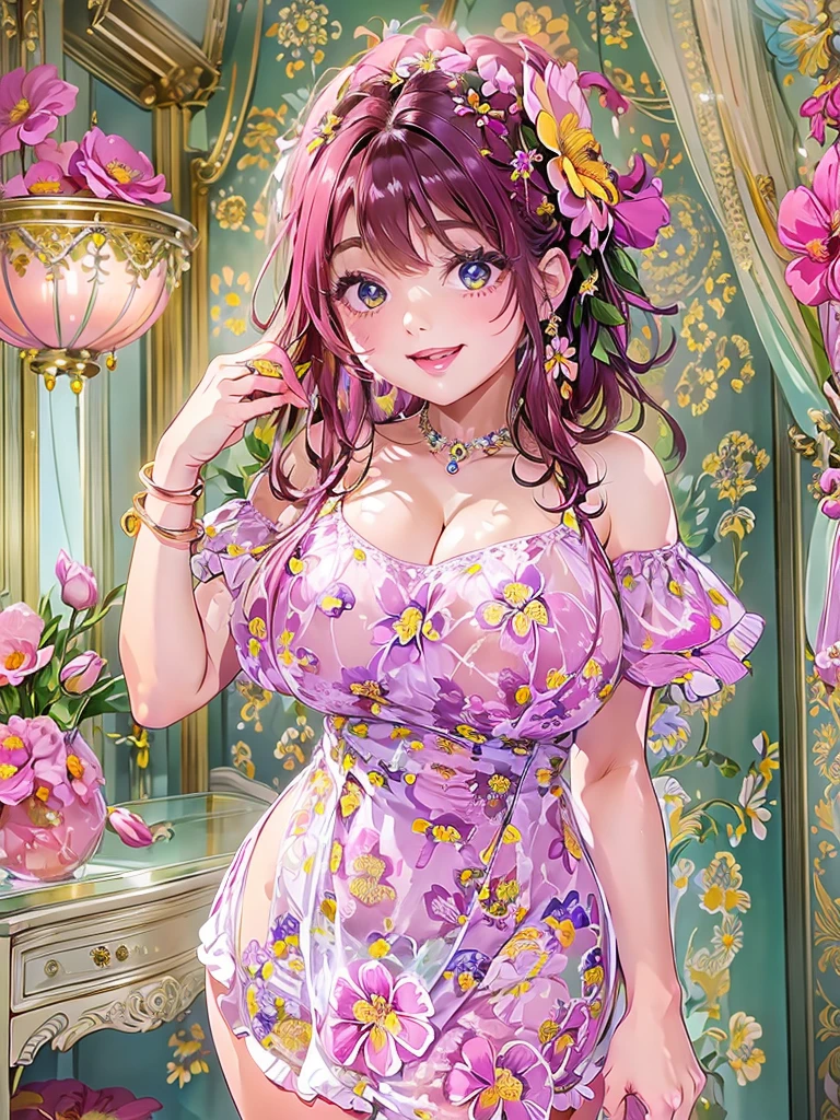 A beautiful and hot almost chubby mature woman.who is wearing a patterned short dress and is and standing in bedroom. A smiling face、Sexy woman、A radiant smile、adorable、race、Frills、Colorful design、Full-length mirror、An inviting gaze、Gorgeous long and beautiful hairstyle、variation Hairstyle、Open neck blouse、Flower Garden、(flower:1.5)、Full body photo、((Delicately decorated dress))、1 person, (((Super cute room)))、(((Super cute and luxurious decorative lingerie)))、(((Luxury Jewelry)))