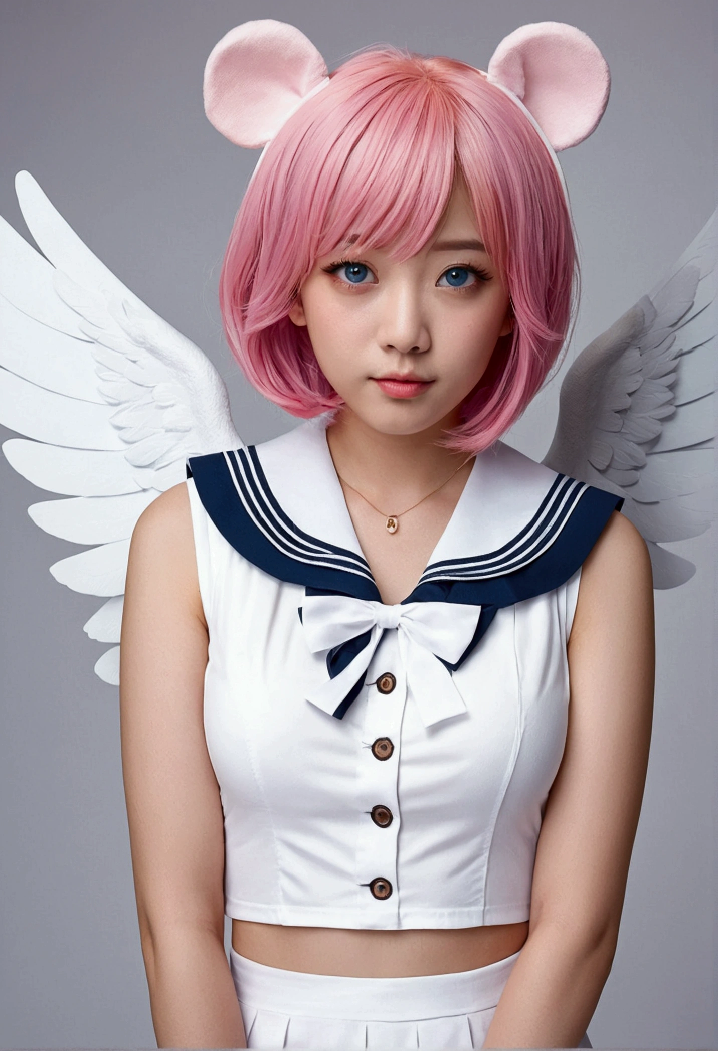 skistyle, 1 girl, standing alone, pink hair, animal ears, blue colored eyes, wings, looking ahead at viewer, wart, bangss, shorth hair, 弓, sailor collar, simple background, white sailor collar, wart under mouth, hair 弓, pink 弓, cloused mouth, chemise, white chemise, bear ears, bob cut, mini wings, fundo cinza, portraite, detached wings, make up, trunk, White background