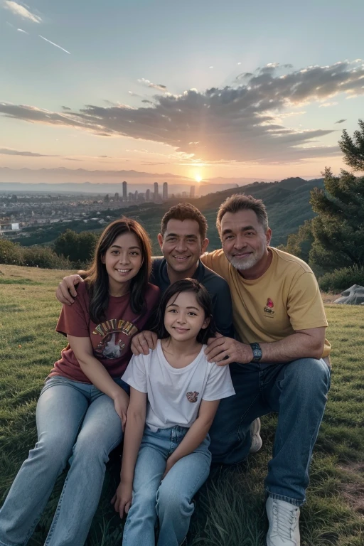 3 characters: a 50-year-old adult man accompanied by a 40-year-old adult woman with medium hair, and a 20-year-old daughter of Latin race, with casual clothes, with long denim pants, sitting on top of a mountain on the grass, seeing the city and thinking about God. shot from the front, May their faces be seen and their expression be smiling and hopeful., Trust in God. In the evening warm light, orange lighting, clear sky and warm colors, in the background a landscape with a small city. landscape: green bush around, High resolution quality and sharp focus.