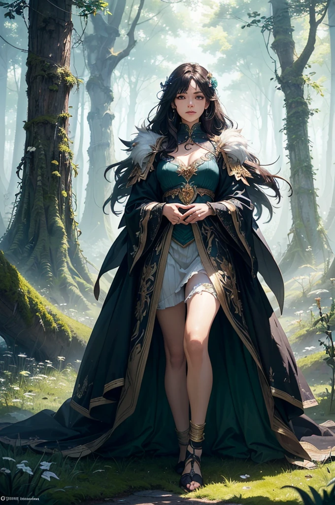 (by Greg Rutkowski: 1.2), (masterpiece), ((best quality)), extremely delicate and beautiful, illustration, highly detailed face and body, highly detailed hand and fingers. ((mature woman, solo, (fantasy art:1.4), fantastic, portrait, standing in an enchanted forest, magical forest, magic light, fairies, surrounded by ancient trees with emerald, silver, and golden leaves, bioluminescent moss and flowers on the ground, mystical light beams filtering through the canopy, faint mist and whispering wind, small glowing fairies flying around)), ((Heavy clothing, Very warm clothes, beautiful and delicate craftsmanship)), cool face, HD. elegance. photorealism. Unreal engine. From Brian Froud and Carne Griffiths and Wadim Kashin and John William Waterhouse, 8K post-production, high resolution, hyperdetailed, depth of field, HDR, intricate
