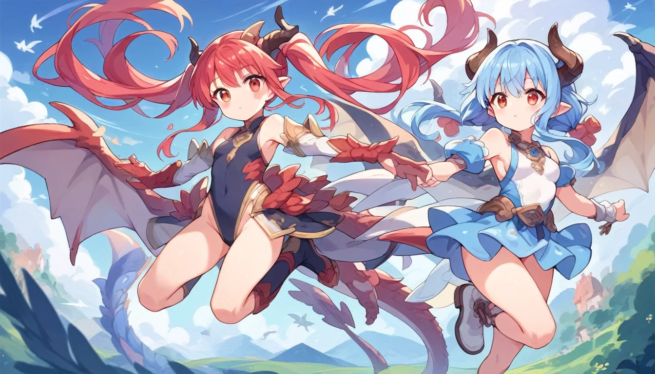 Highest quality,two ***********s,Small breasts,(Red Hair,Long Hair,)(Blue Hair,Twin tails,)(Dragon Wing,Dragon Horn,)flight,Play,grassland,Fantasy Costume,Widescreen