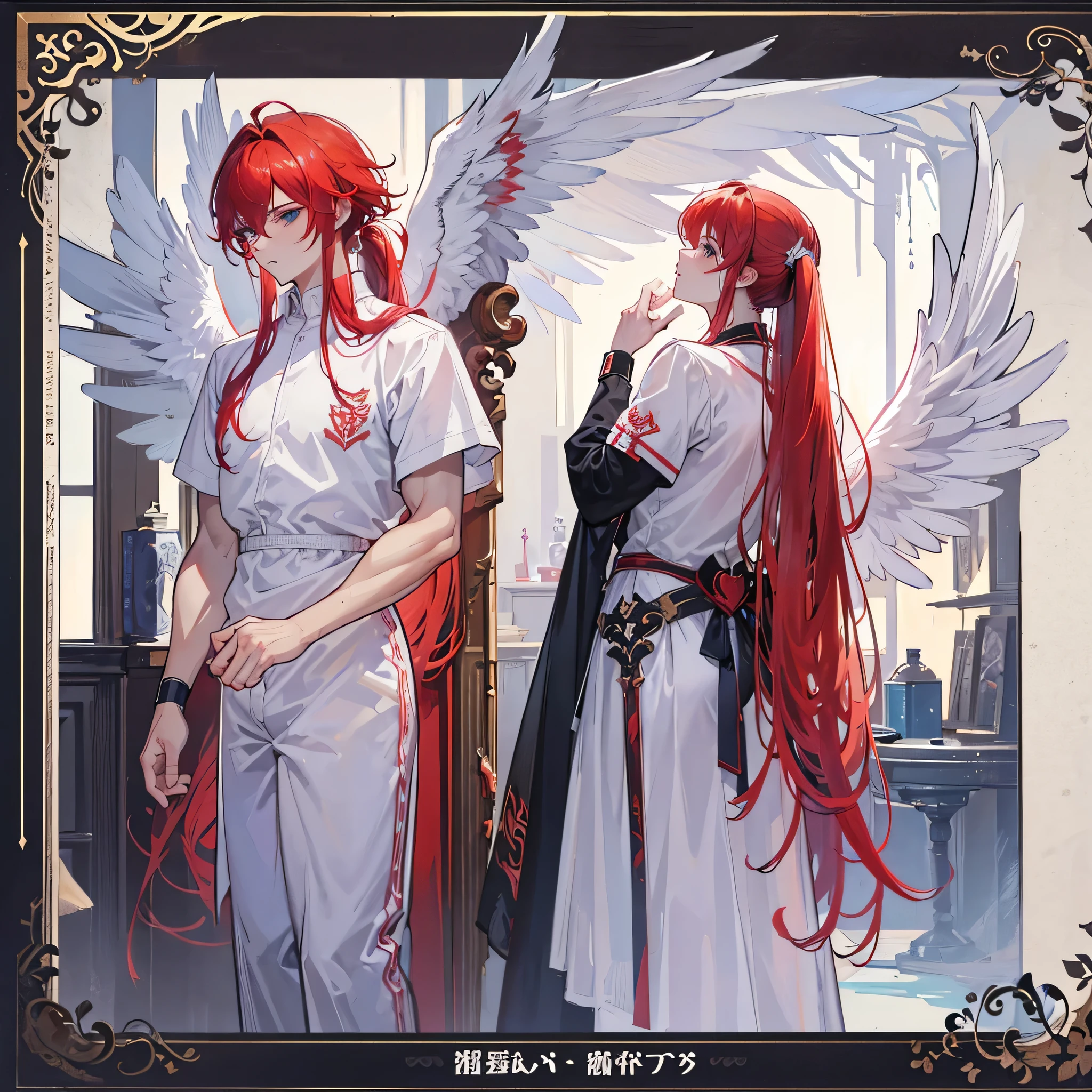 (Masterpiece, best quality), detailed, 1 man, ((character concept art)), ((character design sheet, same character, front, side, back)), full body, body complete, 1 Male angel, 1 Man angel, Detailed face, character design sheet,full bodyesbian, Highly detailed, character sheet, character design, Many parts, dark skin, angel wings, long ponytail red hair, angel outfit, muscle male god, male clothes, masculine, muscle man, male muscle, manly, male angel, Muscle male with long ponytail red hair,beautiful man, beautiful muscle man