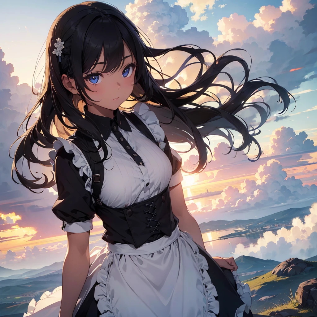a young maid girl standing on a hilltop overlooking a town, her posture upright and graceful, ,dark skin, billowing cumulus clouds in the blue sky, (best quality,4k,8k,highres,masterpiece:1.2),ultra-detailed,(realistic,photorealistic,photo-realistic:1.37),intricate details,beautiful detailed eyes,beautiful detailed lips,extremely detailed eyes and face,long eyelashes,elegant maid uniform,detailed folds and textures,cinematic lighting,warm color tones,soft focus,award winning photography