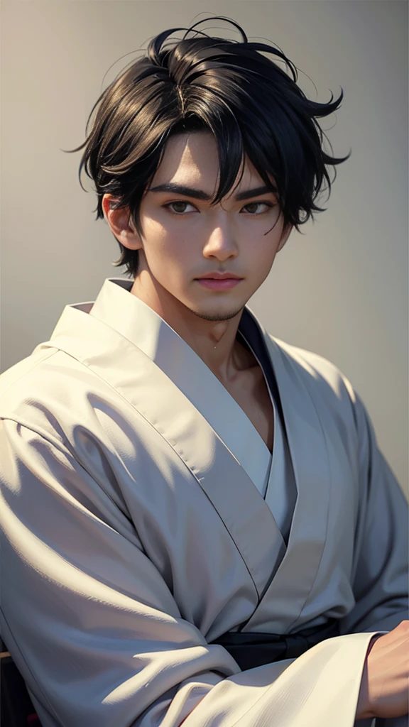 Portrait of a male hyperrealist by David Hockney and Alphonse Mucha、Fantasy art、Photorealistic、Dynamic Lighting、Art Station、Poster、Volumetric lighting、Highly detailed face、Award-winning、dark、Deep Shadow、Low Key、Cowboy Shot、(Formula Services:1.4)、kimono、hakama、kimono、Samurai、Muscular、Messy black hair, white background,　One young man、　