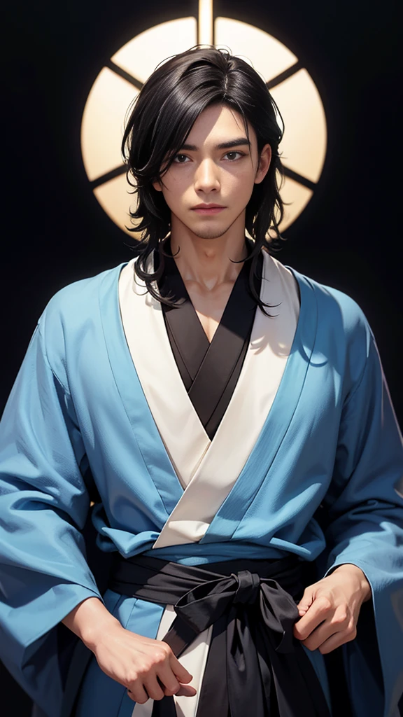 Portrait of a male hyperrealist by David Hockney and Alphonse Mucha、Fantasy art、Photorealistic、Dynamic Lighting、Art Station、Poster、Volumetric lighting、Highly detailed face、Award-winning、dark、Deep Shadow、Low Key、Cowboy Shot、(Formula Services:1.4)、kimono、hakama、kimono、Samurai、Muscular、Messy black hair, white background,　One young man、　