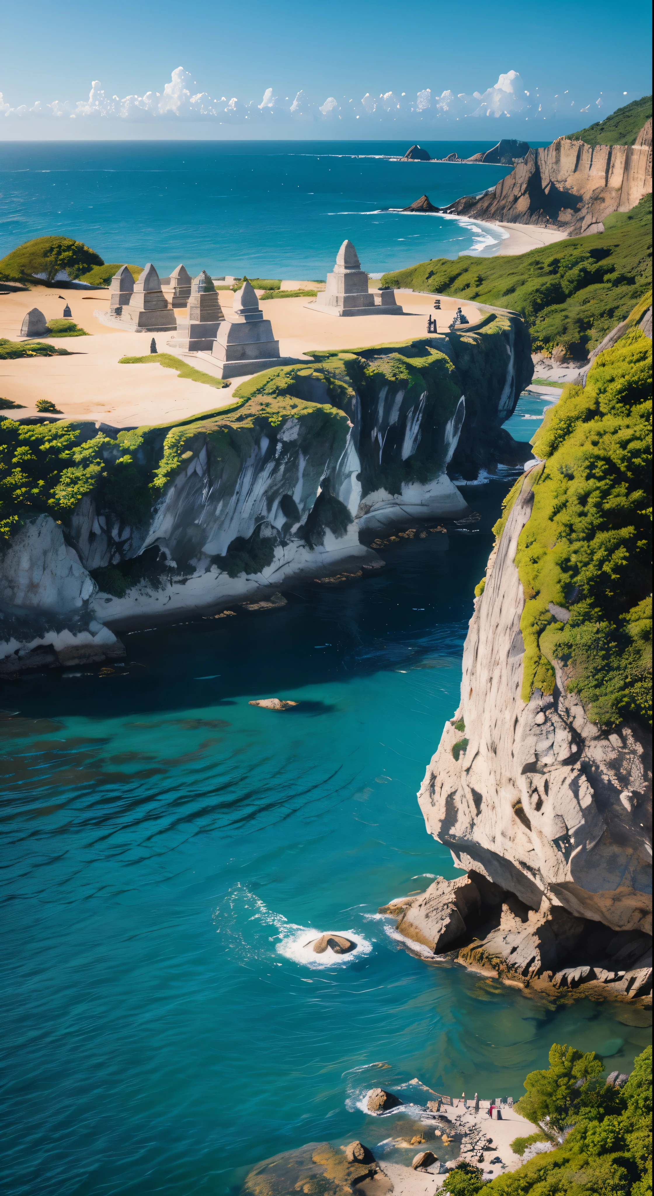 (masterpiece, best quality:1.2), super detail, cinematic lighting, HDR, illustration, Giant stone heads as habitat amid the sea, colorful,  monks in procession, mystery, highly detailed, high contrast, golden ratio composition, epic view, masterpiece,