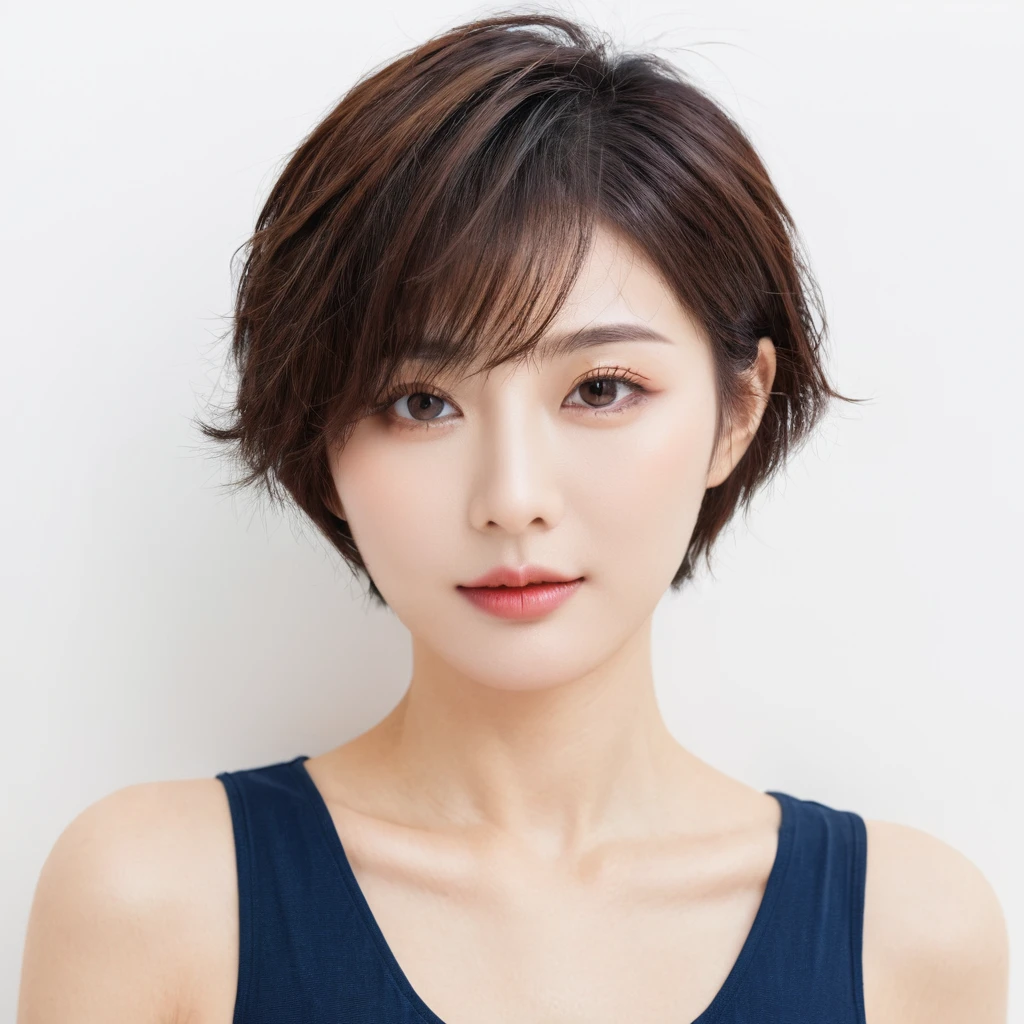 beautiful Japanese woman with short hair , white background