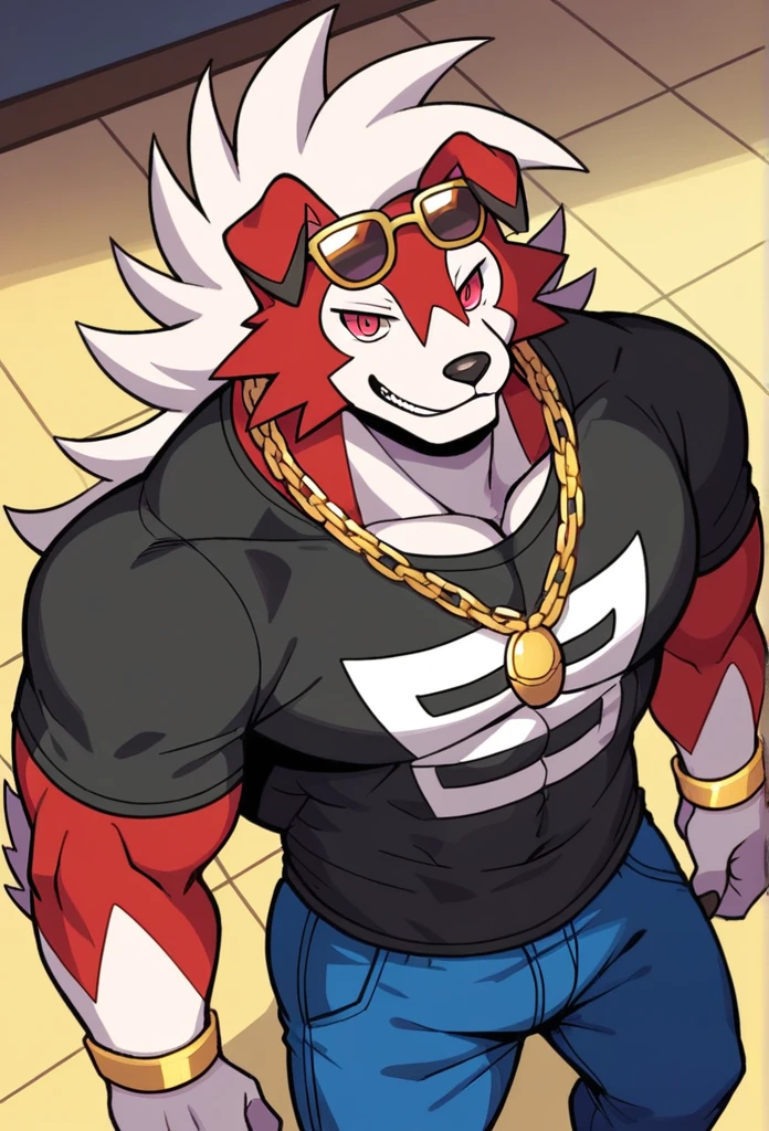 score_9_above, of the, male lycanroc, the second, male, Pokémon, Pokémon \(Species\), generation 1 Pokémon, red eye, sunglasses on head, gold chain necklace , gold bracelet , smiling, video game room, muscular at the same time,blue pants and black t-shirt, looking at the viewer