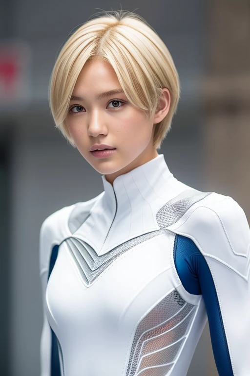 18 yo girl, white spider man suit, short blunt hair, blonde, beautiful face, rain, roof, masterpiece, intricate detail, perfect anatomy