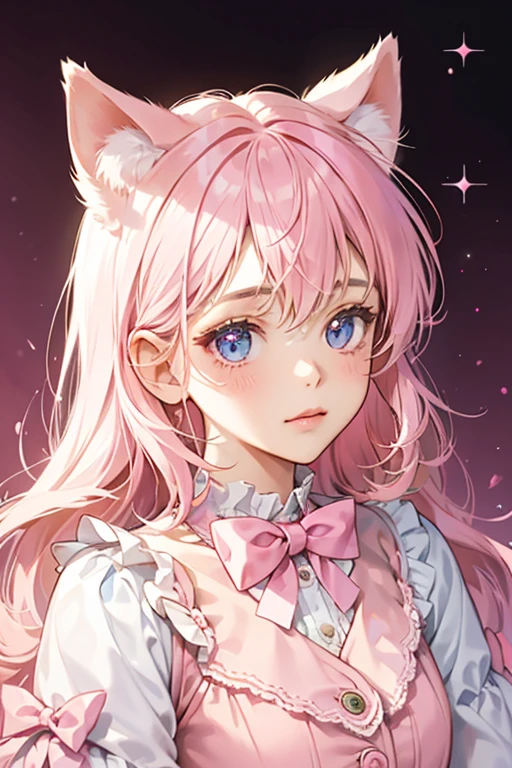 A pink girl Num with a basic face, dog ears and light pink cream topped with pink crumbs. She wears a dark pink bow. SPARKLE; GLITTER