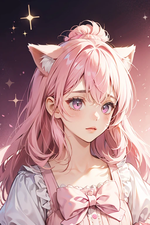 A pink  girl Num with a basic face, dog ears and light pink cream topped with pink crumbs. She wears a dark pink bow. SPARKLE; GLITTER