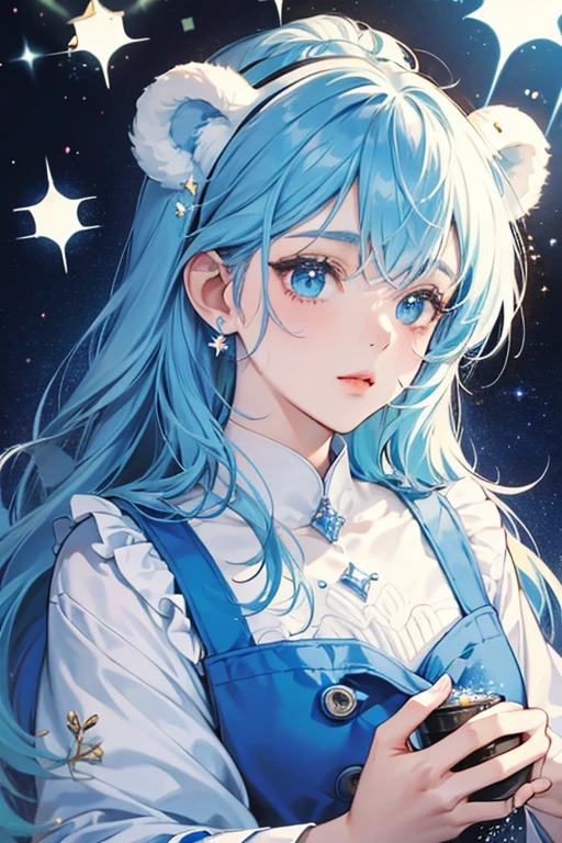 She is a blue Num with a basic face. She has cream on top to match her color, white sprinkles, and bear ears. SPARKLE; GLITTER
