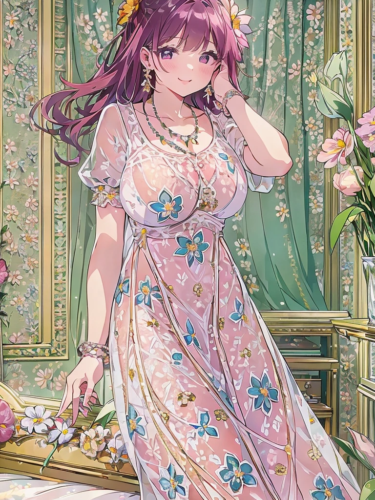A beautiful and hot almost chubby mature woman.who is wearing a patterned short dress and is and standing in bedroom. A smiling face、Sexy woman、A radiant smile、adorable、race、Frills、Colorful design、Full-length mirror、An inviting gaze、Gorgeous long and beautiful hairstyle、variation Hairstyle、Open neck blouse、Flower Garden、(flower:1.5)、Full body photo、((Delicately decorated dress))、1 person, (((Super cute room)))、(((Super cute and luxurious decorative lingerie)))、(((Luxury Jewelry)))