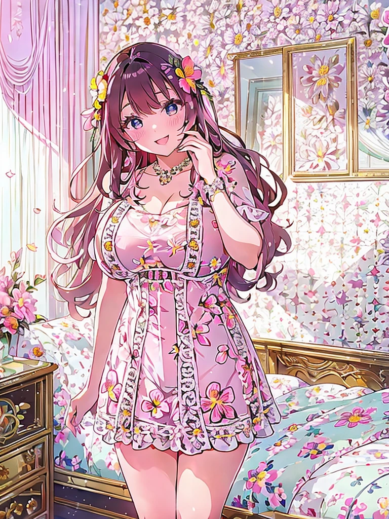 A beautiful and hot almost chubby mature woman.who is wearing a patterned short dress and is and standing in bedroom. A smiling face、Sexy woman、A radiant smile、adorable、race、Frills、Colorful design、Full-length mirror、An inviting gaze、Gorgeous long and beautiful hairstyle、variation Hairstyle、Open neck blouse、Flower Garden、(flower:1.5)、Full body photo、((Delicately decorated dress))、1 person, (((Super cute room)))、(((Super cute and luxurious decorative lingerie)))、(((Luxury Jewelry)))
