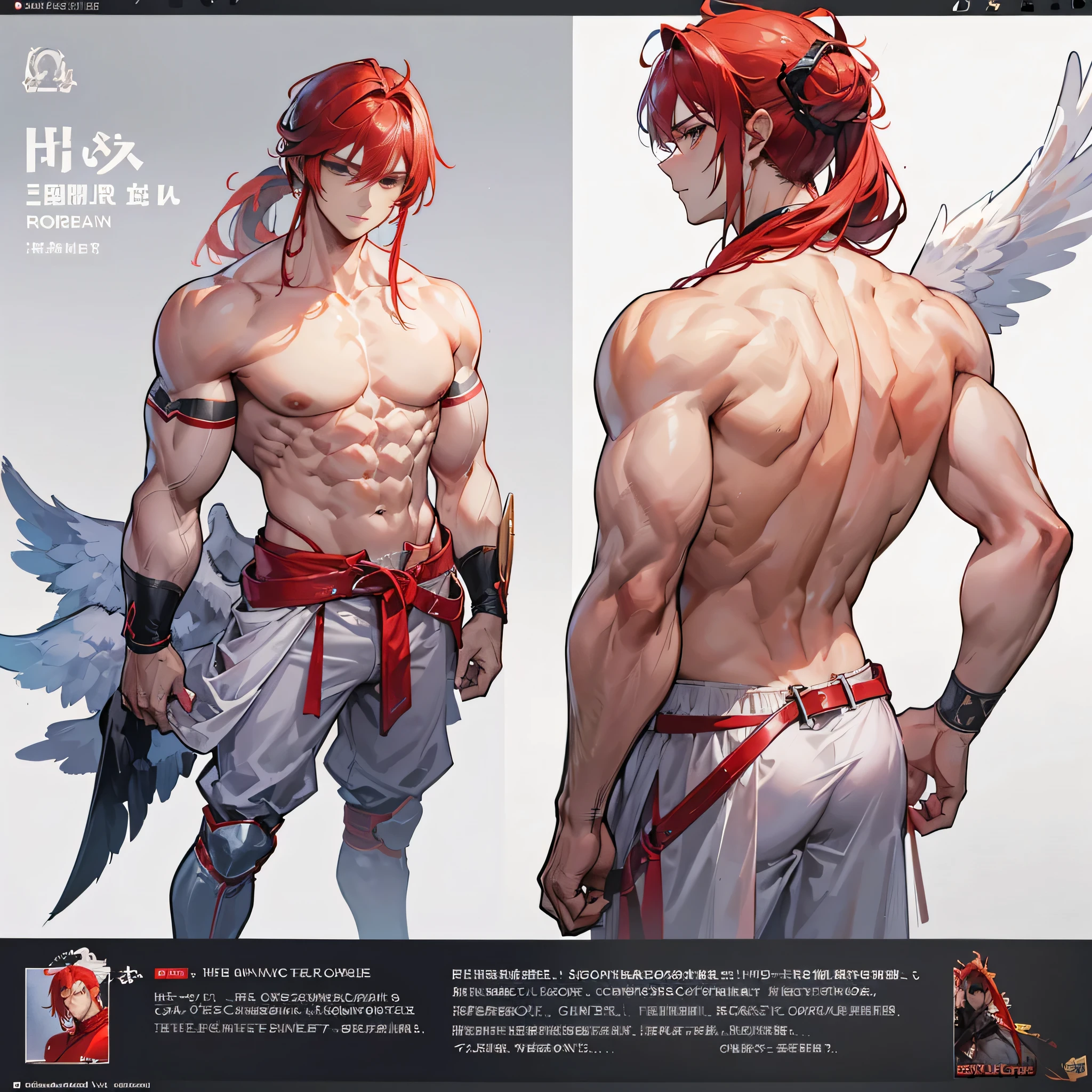 (Masterpiece, best quality), detailed, 1 man, ((character concept art)), ((character design sheet, same character, front, side, back)), full body, body complete, 1 Male angel, 1 Man angel, Detailed face, character design sheet,full bodyesbian, Highly detailed, character sheet, character design, Many parts, dark skin, angel wings, long ponytail red hair, angel outfit, muscle male god, male clothes, masculine, muscle man, male muscle, manly, male angel, Muscle male long ponytail red hair,beautiful man, beautiful muscle man, abs, pectoral muscle
