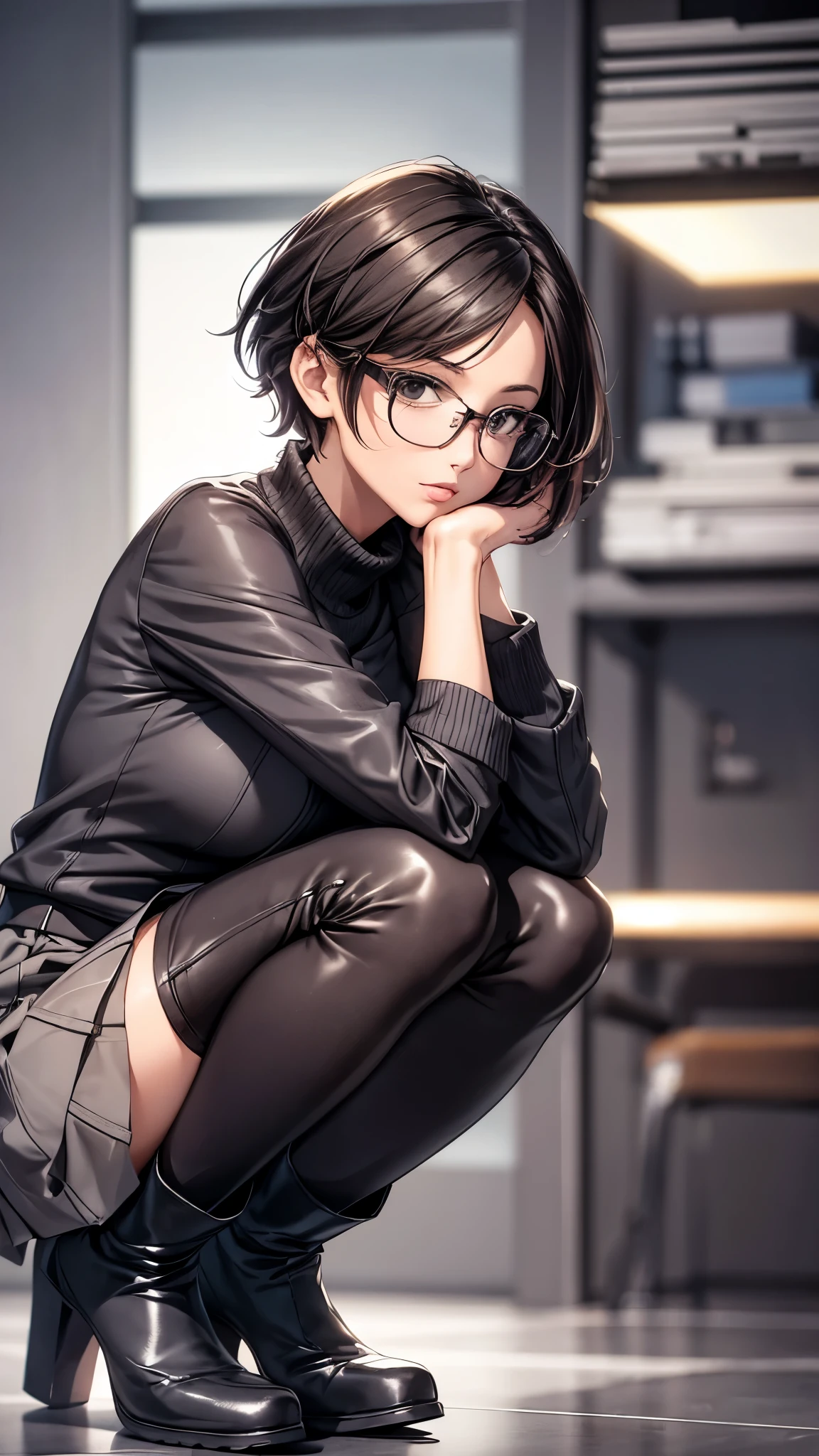 30-year-old woman,Very short hair,Glasses,office casual style,suit,Tight Skirt,pantyhose,((Knee-high long boots)),squatting.