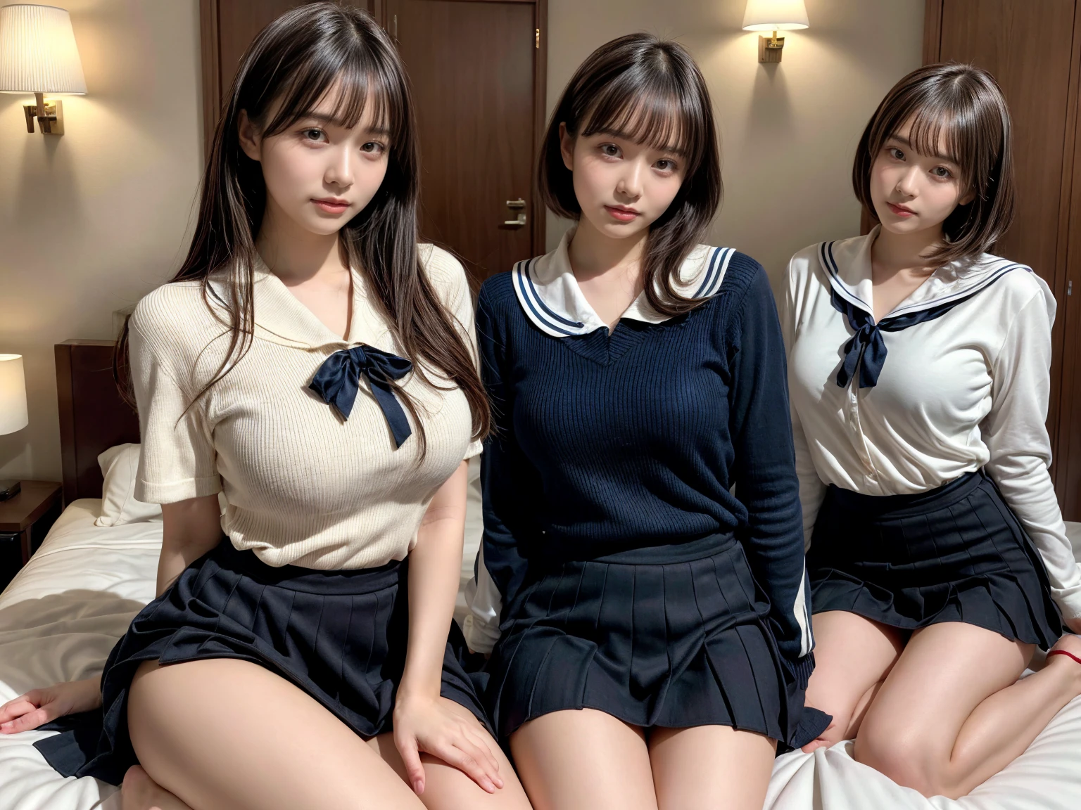 masterpiece, best quality, illustration, Super detailed, fine details, High resolution, 8K,wall paper, perfect dynamic composition,(Details High quality, realistic depiction of eyes:1.3), (3 girls), Black Sailor Uniform, serafuku, Navy pleated skirt, sitting, open legs, short bob hair, in a hotel room in the background, deep on field, large breasts, black hair color, Big Natural Color Lip, (perfect body shape), crying a little、Harajuku style、20 year old girl、cute type、beautiful legs, Gravure Idol