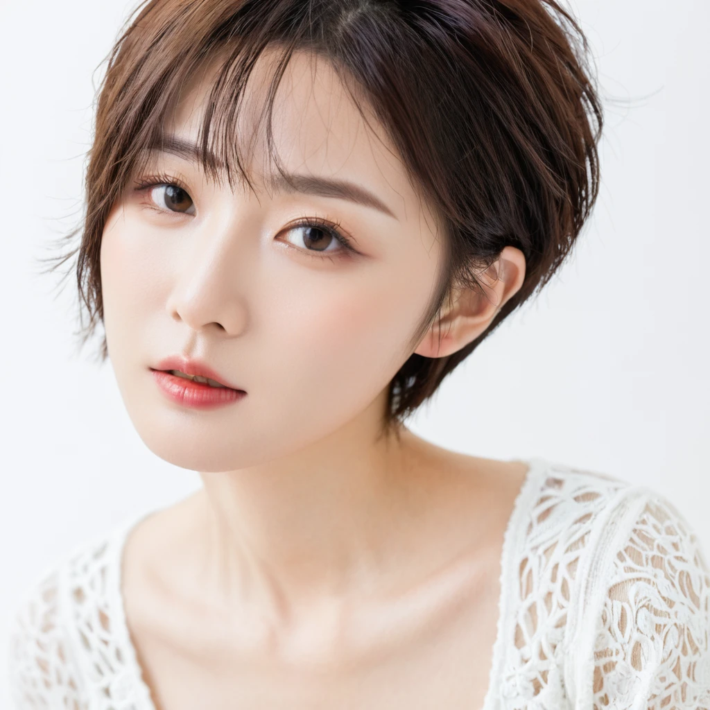 beautiful Japanese woman with short hair , white background