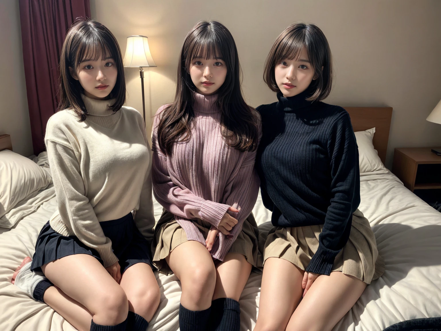 masterpiece, best quality, illustration, Super detailed, fine details, High resolution, 8K,wall paper, perfect dynamic composition,(Details High quality, realistic depiction of eyes:1.3), (3 girls), (Fleece jacket, turtleneck sweater, pleated skirt:1.2), sitting, open legs, short bob hair, in a hotel room in the background, deep on field, large breasts, black hair color, Big Natural Color Lip, (perfect body shape), crying a little、Harajuku style、20 year old girl、cute type、beautiful legs, Gravure Idol