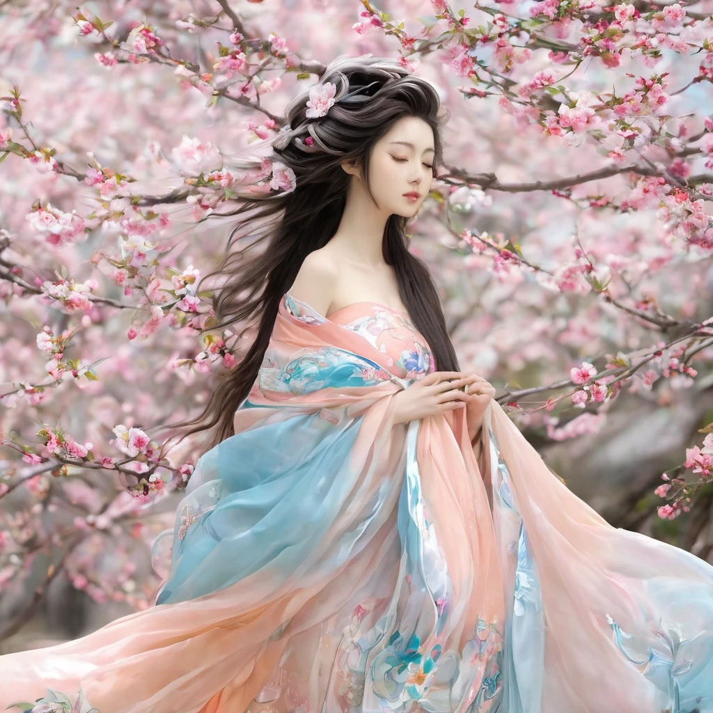 best quality,masterpiece,Ultra-high resolution,(photoactual:1.4),,Peach blossom tree(background),20 years old ,Peach Blossom Goddess(Japanese Girls),Long hair with a shawl,close eyes,Sexy body,Big breasts,Wearing a peach blossom strapless skirt,坐在Peach blossom tree上,Kissing a peach in hand,
