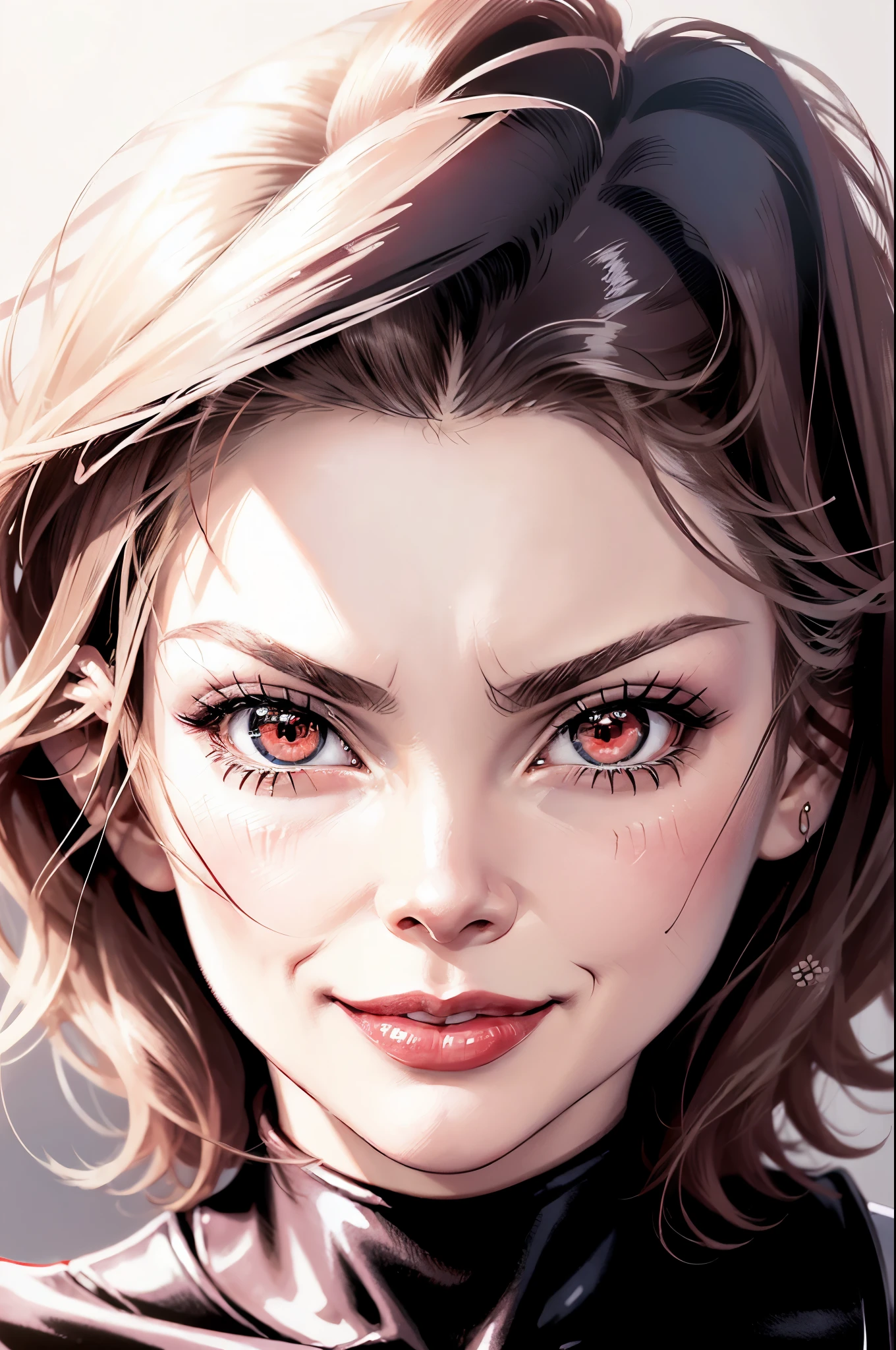((Manga illustration)), ((michelle pfeiffer)) close up portrait ,solo , medium short hair, looking at viewer, blush , smile , happy , red lipstick,close up portrait, solo, focus on eyes, plain background, (in vector style), ((monochrome Manga drawing))