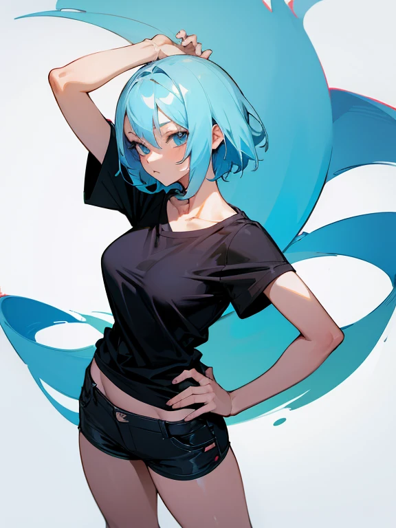 Anime girl short light blue hair sexy pose +18, black fitted shorts , loose t-shirt