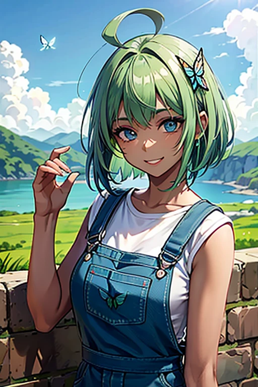 (4K)、((1 woman))、17 years old、Big Ahoge、((Bright green hair))、Short Bob、(((Dark brown skin)))、((Light blue eyes))、Wear blue overalls、(Butterfly Hair Ornament)、My hair flutters in the wind、smile、The background is a clay wall、Low outer corner of the eye