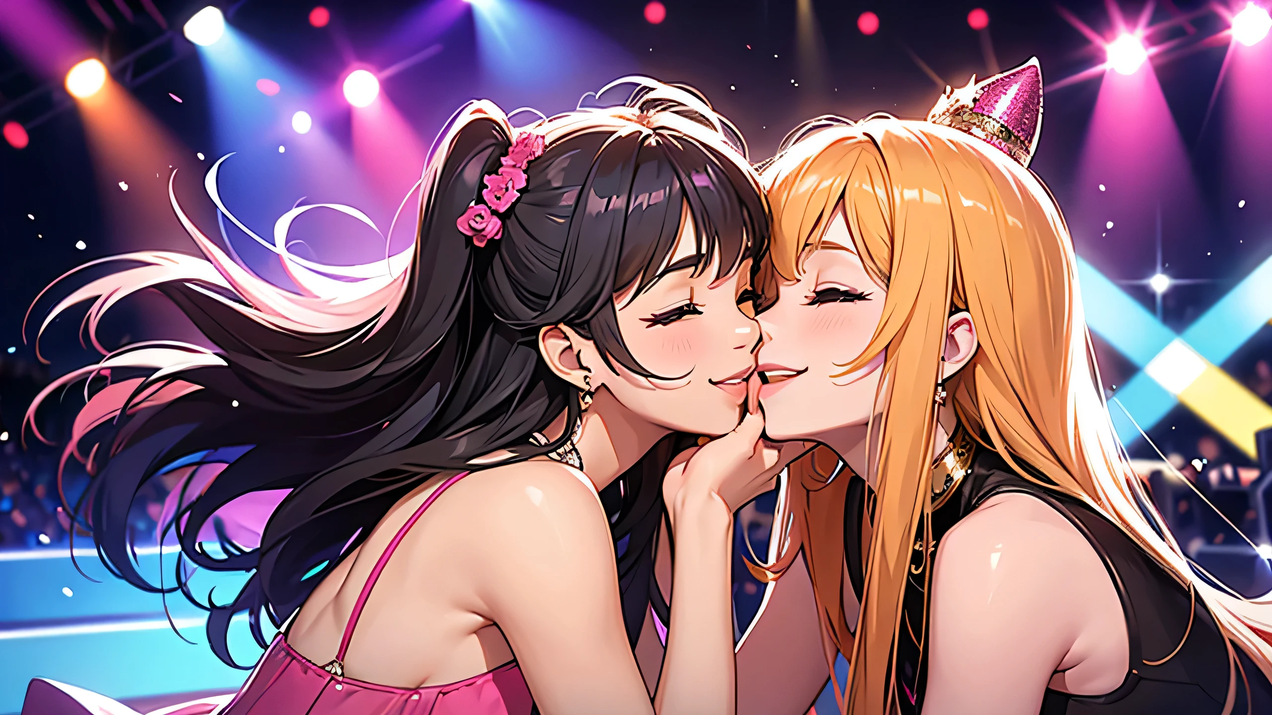 On a colorful stage, several idols are singing and smiling and kissing each other on the cheek