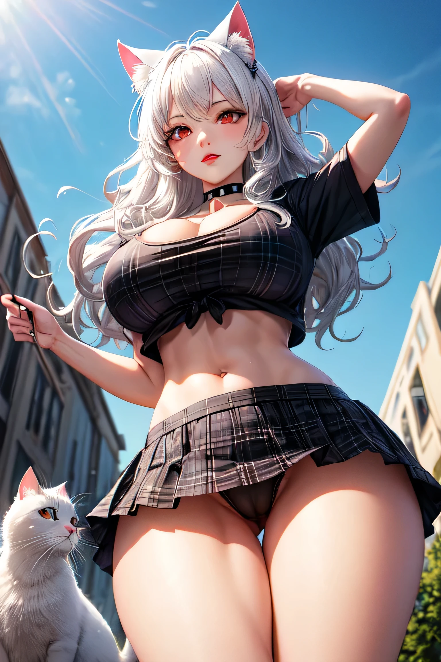 ((exceptional quality)), ((masterpiece)), (detailed), perfect face, perfect eyes, expressive eyes, long wavy white hair, white cat ears, gigantic breasts, thick thighs, red eyes, bratty, lips parted slightly, red lipstick, black choker with spikes, short sleeve crop top tied in knot at the front, black plaid skirt, lace panties visible, partly visible cameltoe, view from below