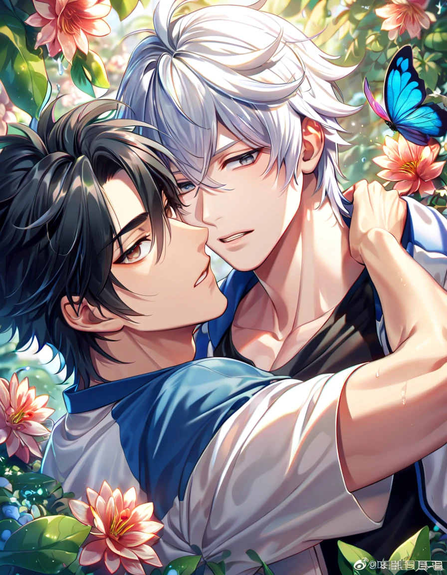 absurdres, highres, ultra detailed, HDR, master piece, best quality, extremely detailed face, delicated features, Lu Guang, white hair, messy hair, short hair, expressive gray eyes, Shíguāng Dàilǐrén, Cheng Xiaoshi, black hair, expressive brown eyes, two sexy men together, yaoi, gay couple, handsome, white coat, black T-shirt, blue letterman jacket, fantasy, magical, butterflies, summer, green leaves, flowers, water