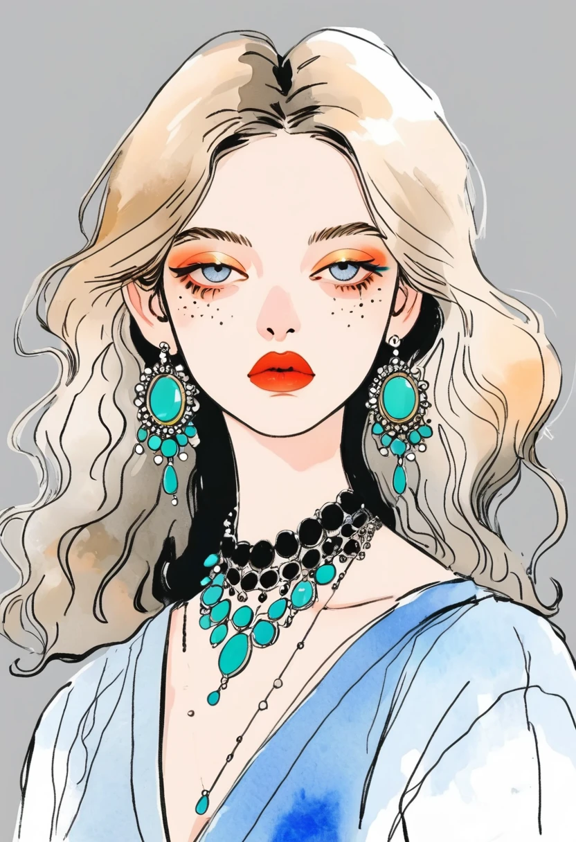 Fashion design sketch：Illustration for girls,Exaggerated jewelry,solitary , Digital drawing, Fine Hair, (black line)，Illustration style, Digital Illustration, Color Sketch, watercolor Illustration style,