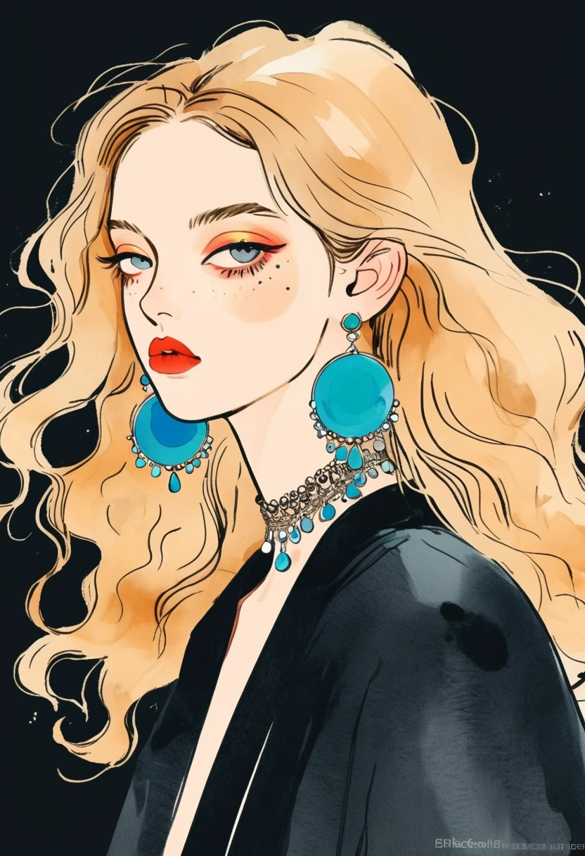 Fashion design sketch：Illustration for girls,Exaggerated jewelry,solitary , Digital drawing, Fine Hair, (black line)，Illustration style, Digital Illustration, Color Sketch, watercolor Illustration style,