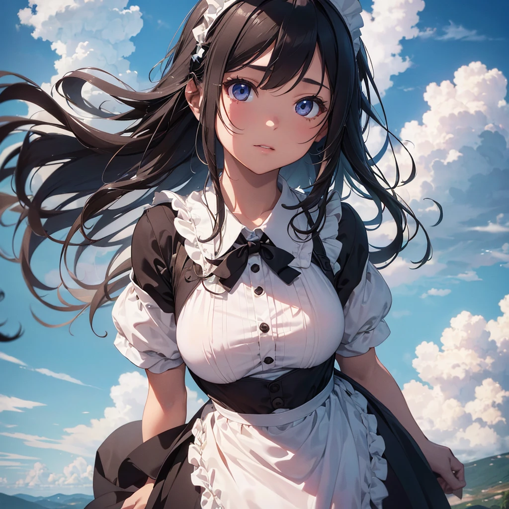 a young maid girl standing on a hilltop overlooking a town, her posture upright and graceful, , dark skin, billowing cumulus clouds in the blue sky, (best quality,4k,8k,highres,masterpiece:1.2),ultra-detailed,(realistic,photorealistic,photo-realistic:1.37),intricate details,beautiful detailed eyes,beautiful detailed lips,extremely detailed eyes and face,long eyelashes,elegant maid uniform,detailed folds and textures,cinematic lighting,warm color tones,soft focus,award winning photography