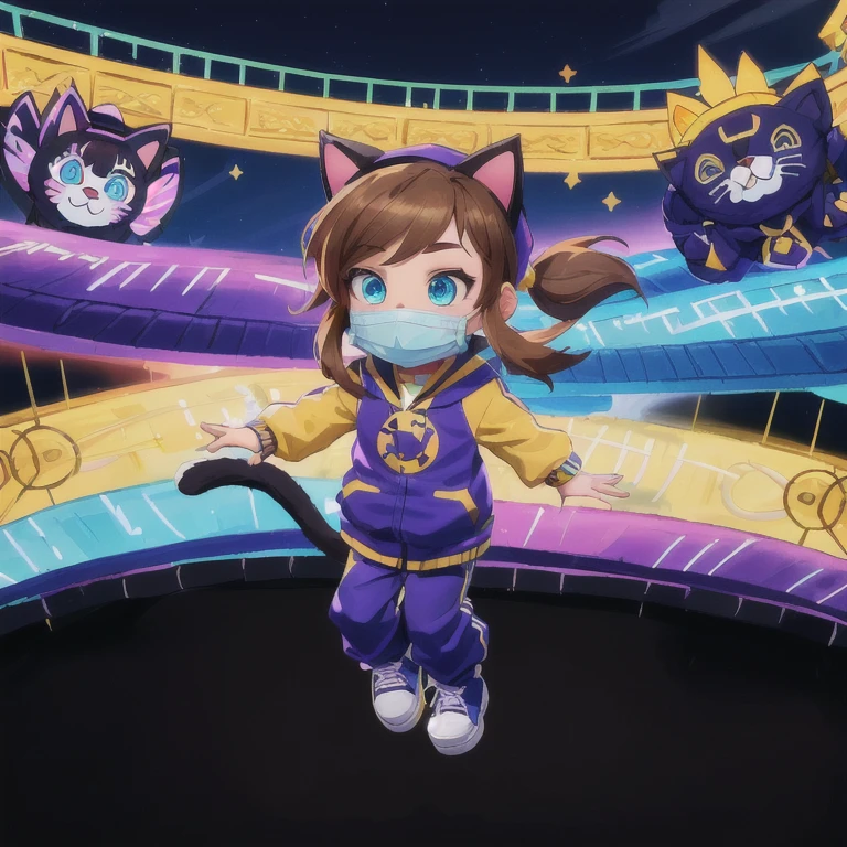 hat-kid,brown hair,sidelocks,ponytail,blue eyes, fake cat ears,cat mouth mask,yellow-purple letterman jacket,purple pants, cat tail, purple footwear, falling down into a psychodelic spyral, rainbow tunnel, vivid lights, colorful, psychodelic, beautiful art, masterpiece