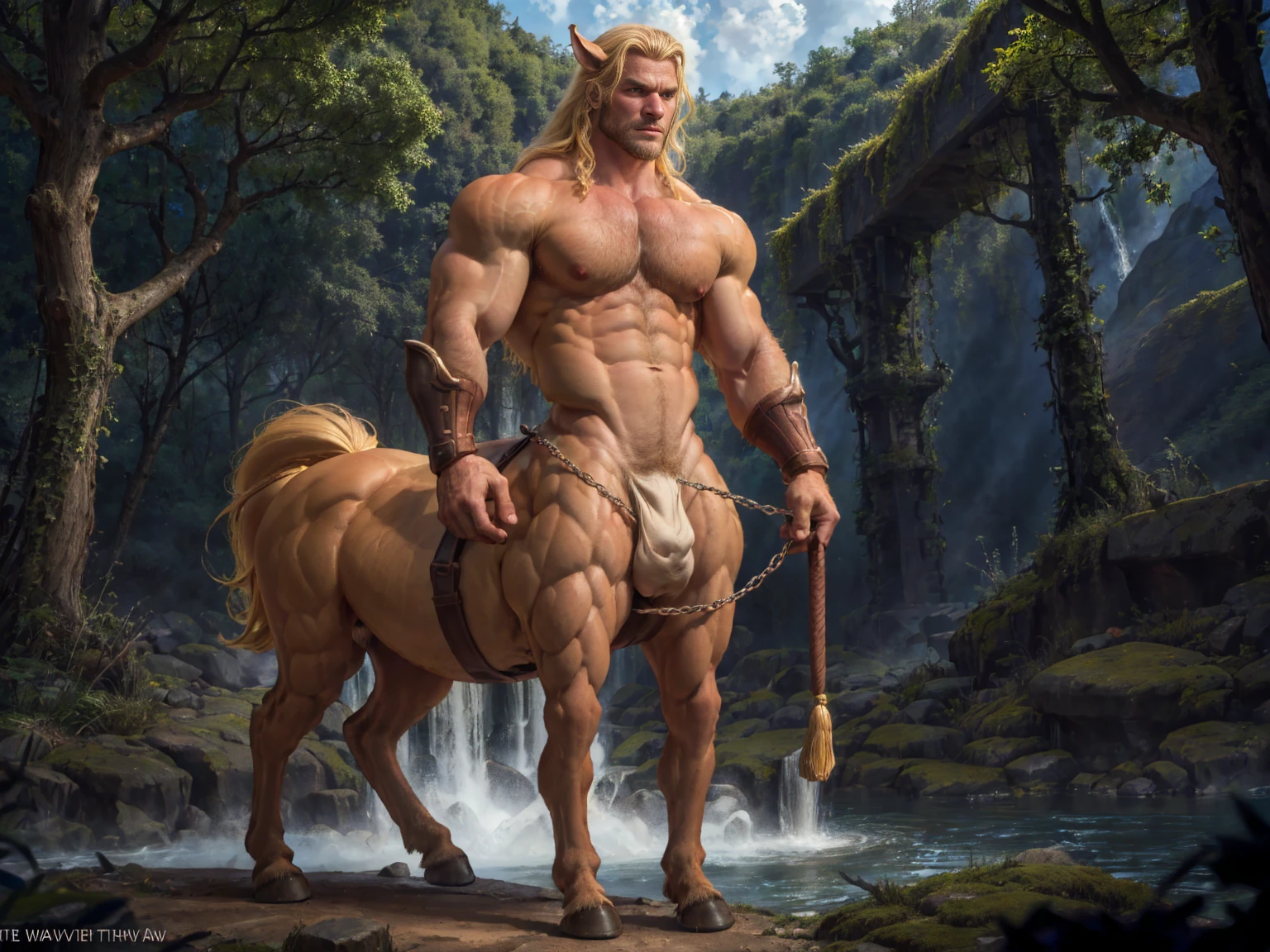 Very detailed, full color, full body photograph of a centaur..:1.2, standing, high, long, blonde hair, yellow hair, gauntlets, showing chest, ((hairy chest+)) Caucasian, ((White skin)) raising a victorious arm, detailed muscular physique, Realistic representation, 4k resolution. below: deep forest, 32k UHD, Best Quality, masterpiece.