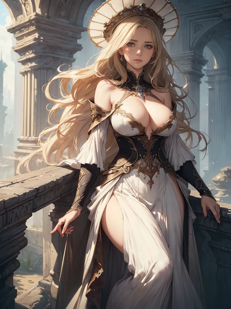 (by Greg Rutkowski: 1.2), (masterpiece), ((best quality)), extremely delicate and beautiful, illustration, highly detailed face and body. mature woman, solo, (fantasy art:1.4), fantastic, portrait. Aristocracy. daughter. Long wavy blonde hair. Very warm clothes. (((Gigantic breasts covered by clothes))) ..Big hat. Heavy clothing. An elegant dress in calm colors. (((Warm-looking clothes with very little exposure))). cool face, HD. elegance. photorealism. Unreal engine.  From Brian Froud and Carne Griffiths and Wadim Kashin and John William Waterhouse, 8K post-production, high resolution, hyperdetailed, depth of field, HDR, intricate