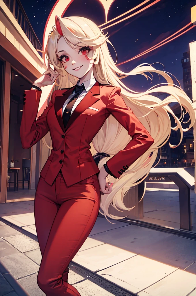 Charlie Morningstar, by the wide, Red suit, Red pants, 1 girl, yellow sclera, by rubio, White skin, perfect anatomy, smiling
