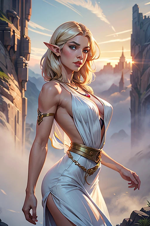 a female elf, waist shot, narrow face, elegant, wearing a sapphire necklace, white lightweight dress with straps, looking to the camera, extremely detailed, digital painting, artstation, concept art, smooth, sharp focus, figure, artgerm, greg rutkowski, art by alphonse mucha, 8k, volumetric fog, bloom, light, lumen, cinematic crank blur