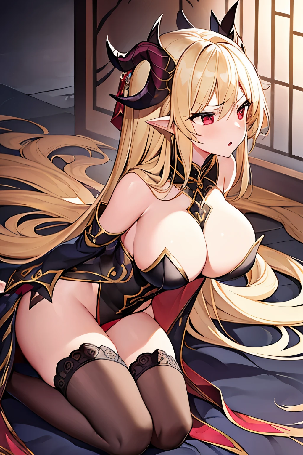 1 girl、Blonde、Long Hair、Fantasy、goddess、Black clothing、Complicated costumes、Gold decoration、(Aggressive design)、Sleeves that cling to the arms、Bigger breasts、Expose、Shameless、Provocative、Fan、Lust、((Expression of agony))、(sexual excitement)、Red Eyes of Nothingness、Devil horns、(Lewd Scent)、(Sigh:1.3)、Trembling、Put your hands on the wall、Side view angle