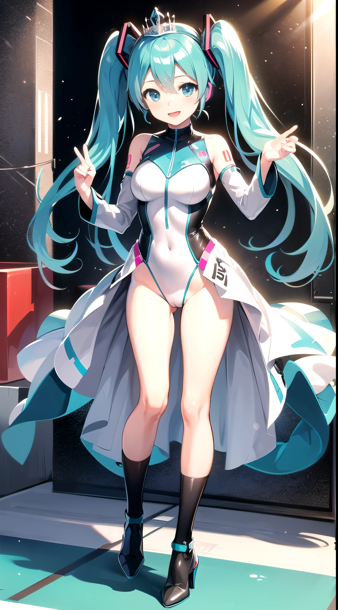 ((Hatsune Miku)), Cute outfit, twintails, high-leg leotard, high heels, ((race queen)), ((race circuit)), Mercedes-Benz, standing pose, high quality, high resolution, anime illustration