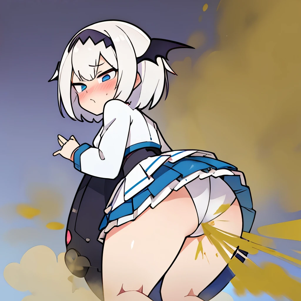Cute white-haired succubus girl farting(HUD’s two-dimensional face),Wearing a short light blue skirt,farting(yellow smoke),Panty poop, poop, scat, scat, pooping , scat fetish, poop