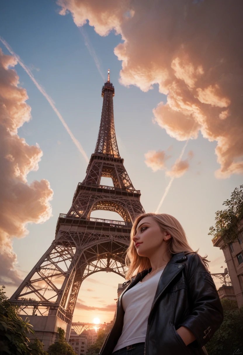 score_9, score_8_up, score_7_up, score_6_up, rating_safe, (low angle shot, from below), 1girl, black jacket, Eiffel tower, scenery, sunset, detailed background