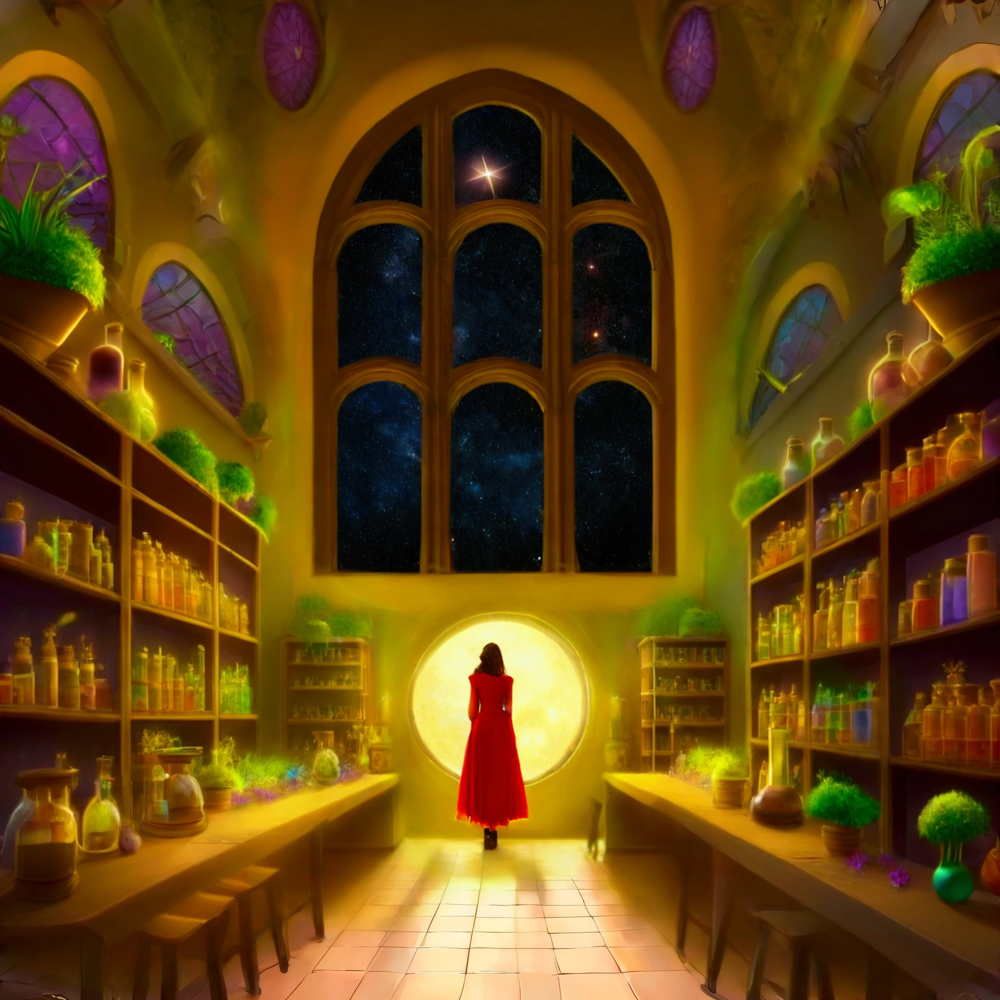woman dressed red, giant starry sky window, fantasy style, magic colors
