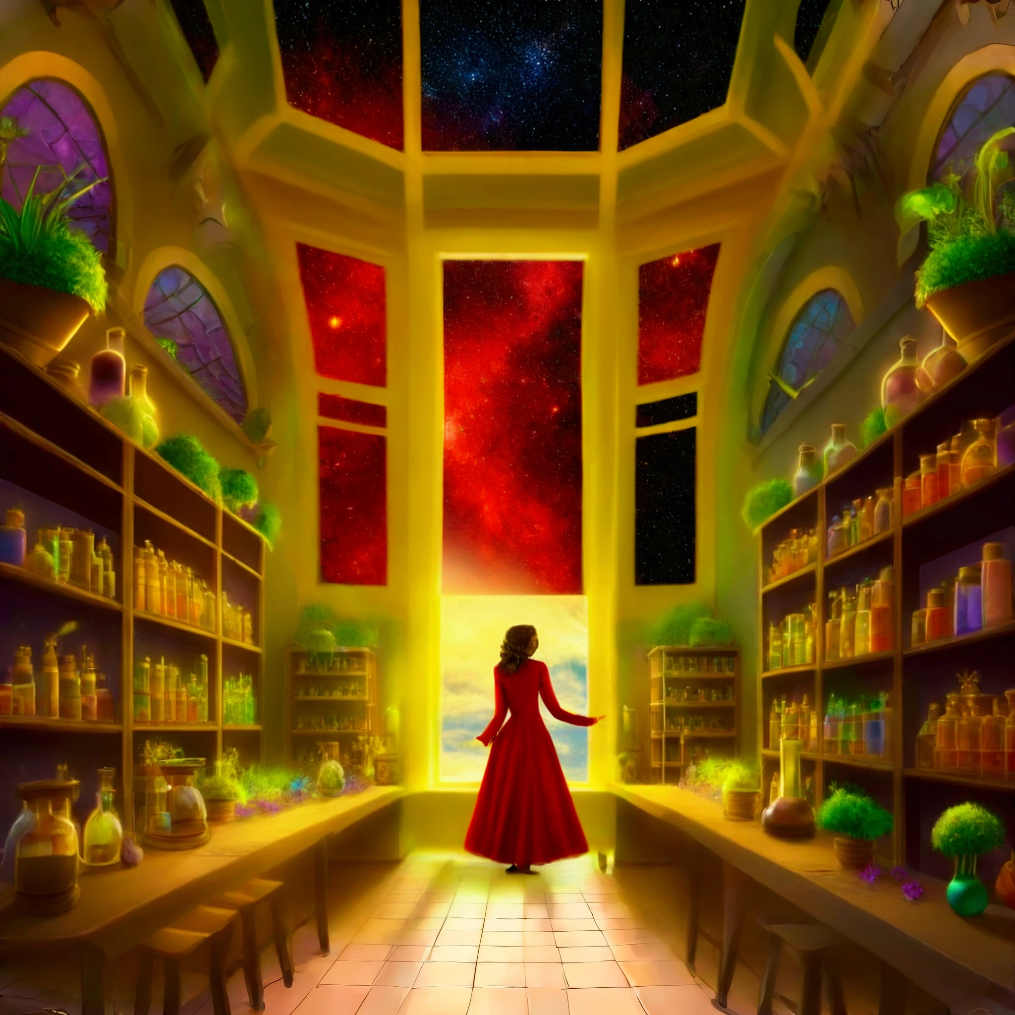 woman dressed red, giant starry sky window, fantasy style, magic colors